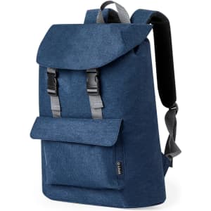 A blue backpack with a flap closure, adjustable straps, and a front pocket. It features a branding logo.