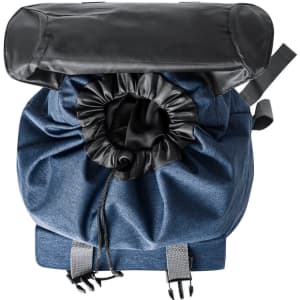 A blue and black backpack with a drawstring closure and padded straps, featuring a logo on the surface.
