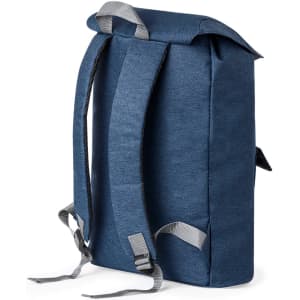 A dark blue backpack with grey straps and a top flap, featuring a simple design and a logo.