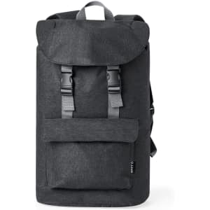 A dark grey backpack featuring adjustable straps, a flap closure, and a front pocket, with branding visible.