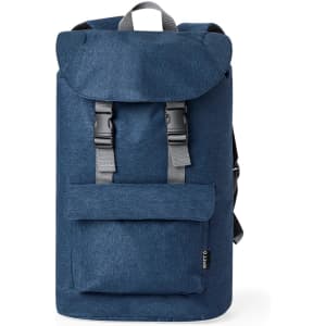 A navy blue backpack featuring adjustable straps, a flap closure, and a front pocket, with a logo on it.