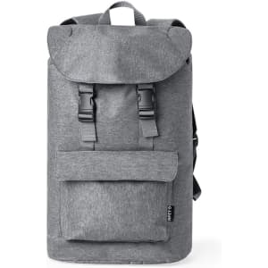 A grey backpack featuring adjustable straps, a flap closure, and a front pocket. It has a logo on the side.