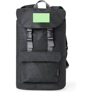A dark grey backpack with adjustable straps, a front pocket, and a logo. It features a green label on the flap.