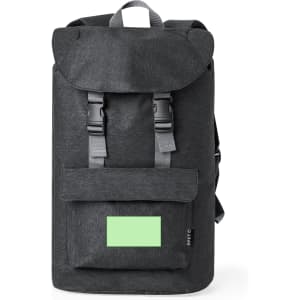 A black backpack with a flap, featuring adjustable straps and a front pocket. It has a logo on the side.