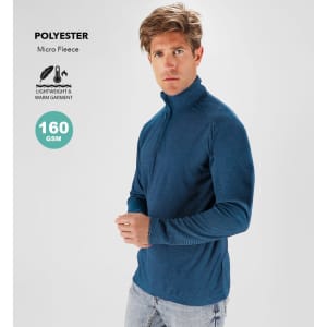 A blue polar fleece jacket featuring a zip neck and long sleeves. It has a logo on the side.