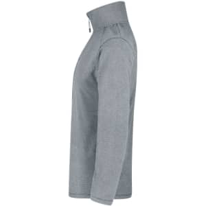 A polar fleece jacket in grey with a high collar and a side zipper, featuring a logo.
