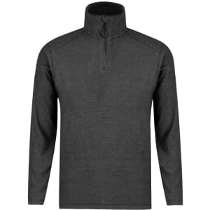 A polar fleece jacket in dark grey with a half zip and long sleeves, featuring a subtle logo.