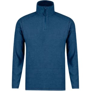 A blue polar fleece jacket with a high collar and quarter zip, featuring long sleeves and a logo on the chest.
