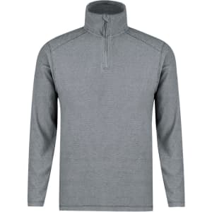 A grey polar fleece jacket featuring a half zip and long sleeves. The jacket has a branding logo.