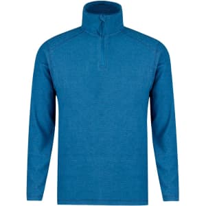 A blue polar fleece jacket with a high collar and zip, featuring long sleeves and a simple design.