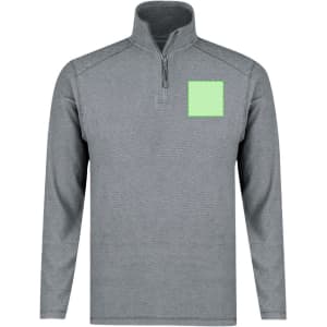 A grey polar fleece jacket with a zip neck and a square area for customisation. It has a logo on the chest.