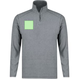 A grey polar fleece jacket with a zippered collar and a square patch on the front. It features a logo.