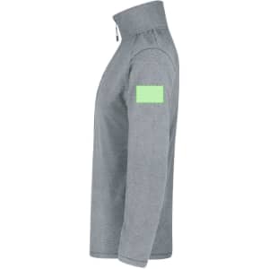 A grey polar fleece jacket with a high collar and a badge area on the left sleeve.