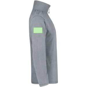 A grey polar fleece jacket featuring a high collar and a patch on the sleeve.