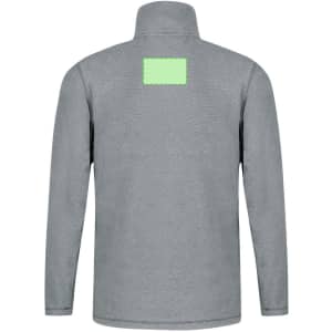 A grey polar fleece jacket with a high collar and a rectangular logo patch on the back.