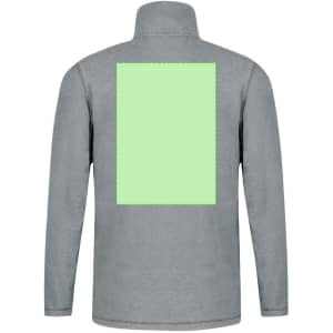 A grey polar fleece jacket with a high collar and a blank rectangular area on the back for branding or design.