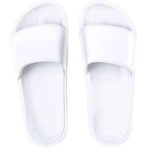 White flip flops with a simple design and a branded logo on the strap.
