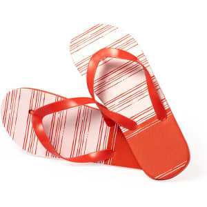 A pair of red Manisok flip flops featuring a striped design and a branded logo.