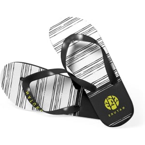 Black and white thongs with a striped pattern, featuring a logo on the footbed.