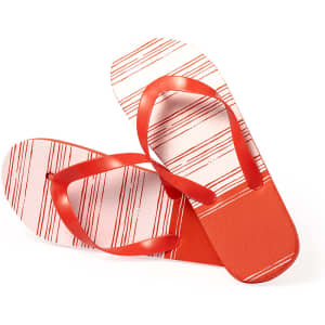 A pair of red flip flops with a striped pattern and red straps, featuring a logo.
