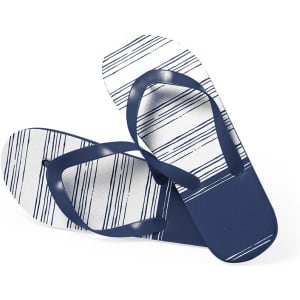 A pair of navy blue Manisok Flip Flops with white stripes, featuring a textured footbed and a logo.