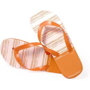 Two pairs of orange and white striped flip flops with a textured sole and a logo.