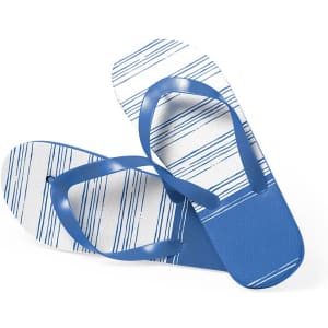 A pair of blue thongs with a striped pattern, featuring a textured footbed and a simple logo.
