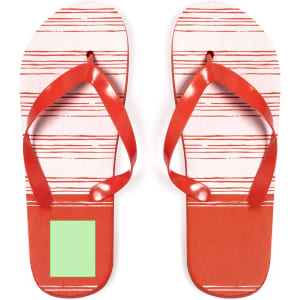 A pair of red and white striped flip flops with a logo on the sole.