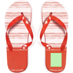 A pair of red and white striped flip flops with a textured sole and a logo on the side.