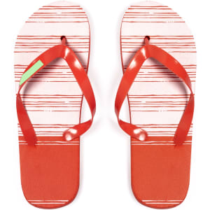 Red flip flops with a striped pattern in white and green accents, featuring a logo on the upper strap.
