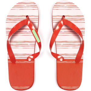 Red flip flops with a striped pattern and a logo, featuring a vibrant orange colour for the straps and sole.