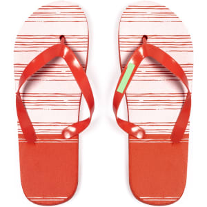 Red and white striped flip flops with a logo, featuring a flat sole and thin straps.