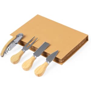 A cheese board set featuring a wooden-handled corkscrew and three stainless steel cheese knives on a cardboard base.