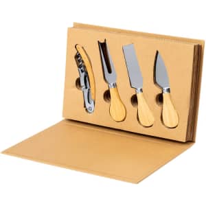A wine and cheese knife set featuring four stainless steel knives with wooden handles, displayed in a kraft box.