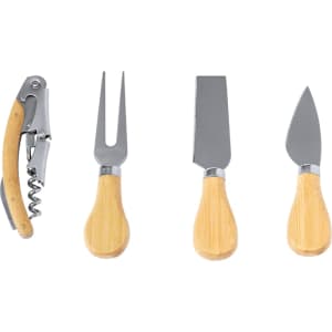 A wine and cheese knife set featuring four stainless steel knives with bamboo handles and a corkscrew.