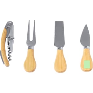 A wine and cheese knife set featuring four stainless steel tools with bamboo handles. The set includes a corkscrew, fork, and knives.