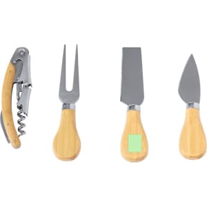 A wine and cheese knife set featuring four stainless steel tools with bamboo handles and a corkscrew.