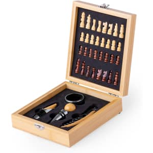 A wooden wine set in a box features wine accessories and chess pieces, with a mix of light and dark wood tones.