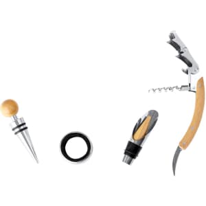 A wine set including a corkscrew with a wooden handle, a wine pourer, a wine stopper, and a pour spout, all in silver and wood.