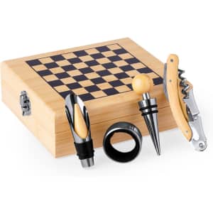 A wine set featuring a corkscrew, pourer, stopper, and a wooden box with a checkerboard design.