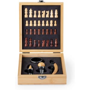 A wine set in a bamboo box, featuring various wine accessories and chess piece-style bottle stoppers in light and dark wood tones.