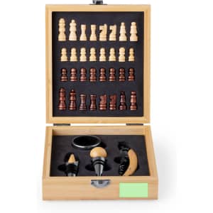 A wine set featuring a wooden box with chess piece-shaped corkscrew, pourer, and wine stopper in black and natural wood colours.