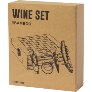 A wine set packaged in a brown box featuring illustrations of wine accessories, including a corkscrew and a wine stopper.