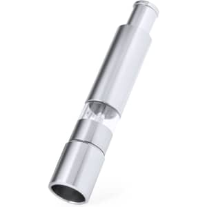 A shiny silver salt and pepper mill with a clear middle section, showcasing its modern design.