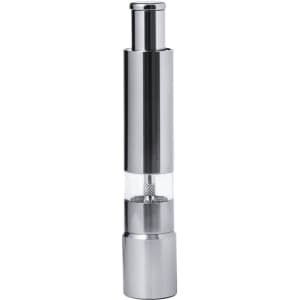 A silver salt and pepper mill with a sleek, modern design featuring a transparent section and a stainless steel finish.