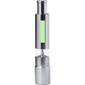 A sleek silver salt and pepper mill with a transparent section and a green accent. It features a modern design and a logo.