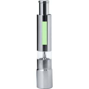 A sleek silver salt and pepper mill with a transparent middle section and a green accent. Features a logo.