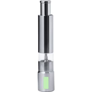 A sleek, chrome-finished salt and pepper mill with a transparent middle section and a subtle green logo.