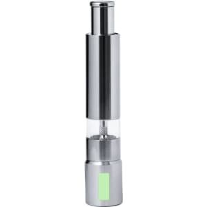 A sleek silver salt and pepper mill featuring a transparent section, with a modern design and a logo.