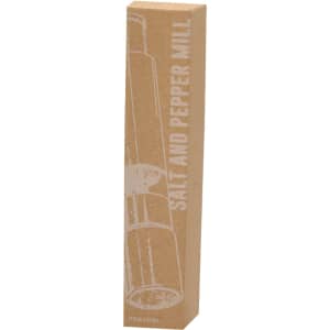 A salt and pepper mill in a brown cardboard packaging, featuring a logo and minimalistic design.